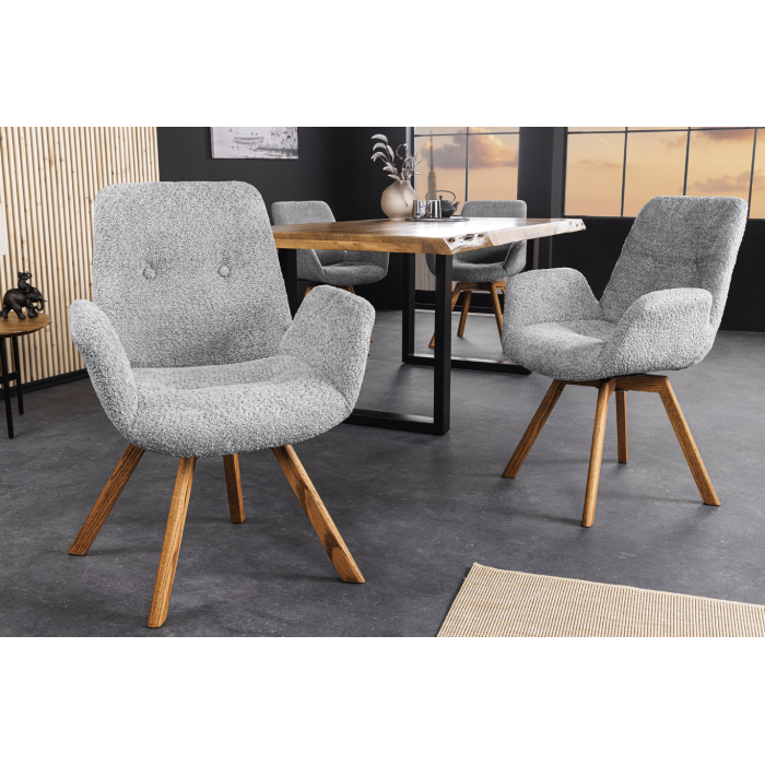 Lot de 2 chaises design SORRANO pivotantes à 360° en tissu bouclette gris clair et pieds en chêne clair