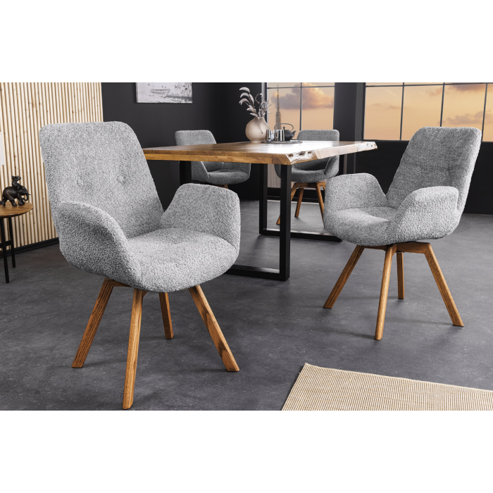 Lot de 2 chaises design SORRANO pivotantes à 360° en tissu bouclette gris clair et pieds en chêne clair