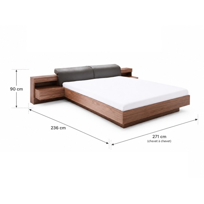 Lit 160x200 RENATO coloris noyer avec sommier et chevets à LED intégrés