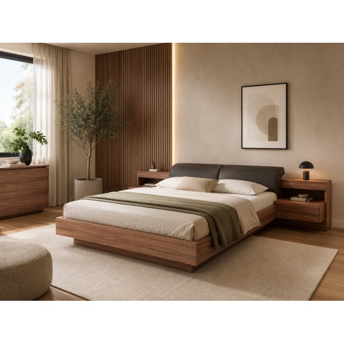 Lit 160x200 RENATO coloris noyer avec sommier et chevets à LED intégrés