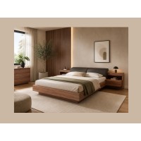 Bett 160x200 RENATO Farbe Walnuss mit Lattenrost und integrierten LED-Nachttischen
