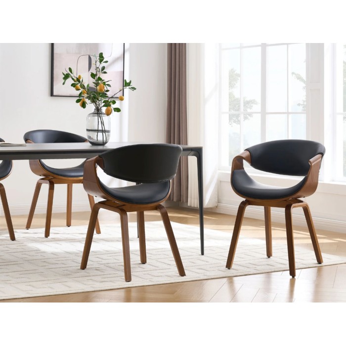 Chaise NERA en cuir noir et bois foncé vu dans un décor 3D