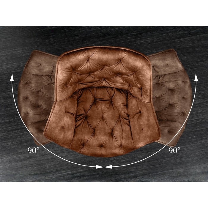 Zoom sur l'aspect pivotant de la chaise COMFY en velours marron