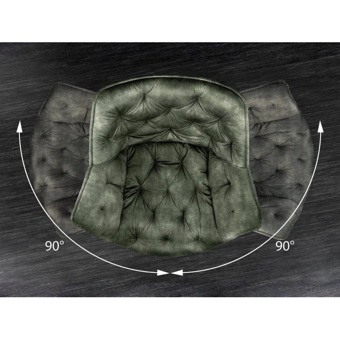 Zoom sur l'aspect pivotant de la chaise COMFY en velours vert