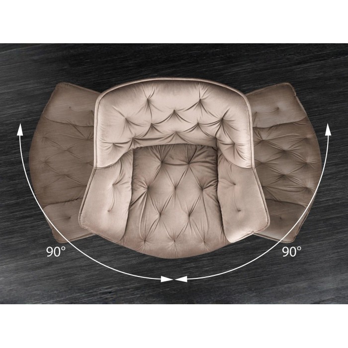 Zoom sur l'aspect pivotant de la chaise COMFY en velours beige champagne