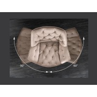 Zoom sur l'aspect pivotant de la chaise COMFY en velours beige champagne