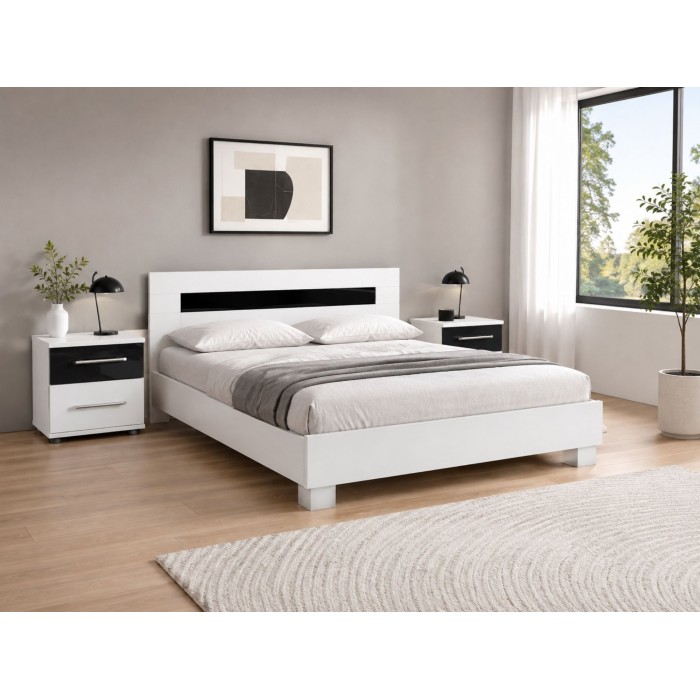 copy of Pack letto contenitore WOOD 180 x 200 cm con 2 comodini – Bianco e quercia – Set camera da letto moderna