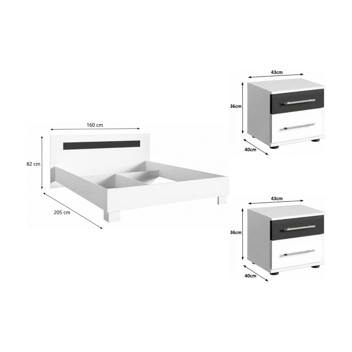 Ensemble pour chambre DUBLIN : lit 140x190cm et chevets dimensions