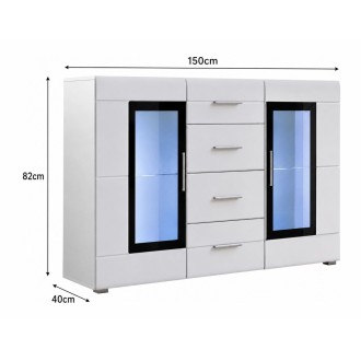 Buffet KRONI met LED-verlichting - 4 Laden en 2 Glazen Deuren - Mat en Glanzend Wit - 150 x 82 x 40 cm
