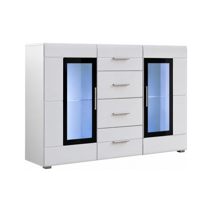 Buffet KRONI met LED-verlichting - 4 Laden en 2 Glazen Deuren - Mat en Glanzend Wit - 150 x 82 x 40 cm