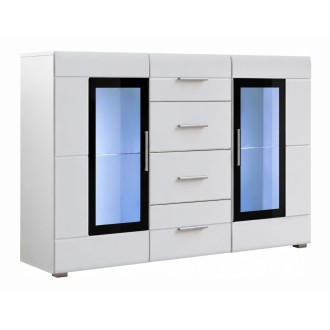 Buffet KRONI met LED-verlichting - 4 Laden en 2 Glazen Deuren - Mat en Glanzend Wit - 150 x 82 x 40 cm