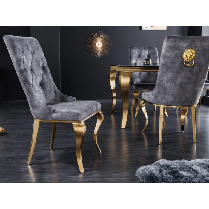 Chaise VELENA en velours gris et pieds dorés vue de côté