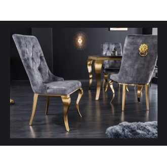 Chaise VELENA en velours gris et pieds dorés vue de côté
