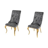 Lot de 2 chaises VELENA en velours gris et pieds dorés