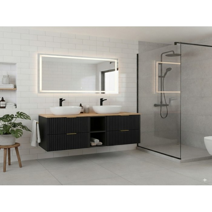 Unterschrank-Set NOXERA 140 cm – Mattschwarz und Eiche – 2 Schränke + 2 Nischen + Platte für Waschtisch