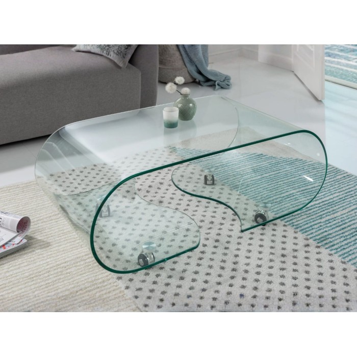 Glazen salontafel HOLOW met wieltjes - Asymmetrisch ontwerp salontafel van gehard glas