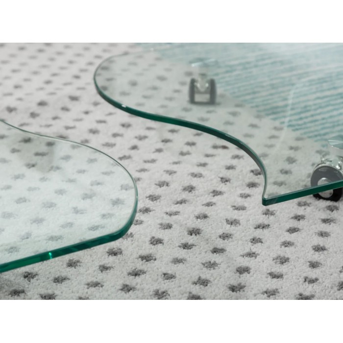 Glazen salontafel HOLOW met wieltjes - Asymmetrisch ontwerp salontafel van gehard glas
