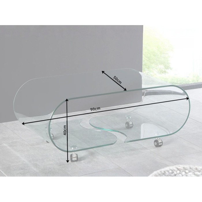 Glazen salontafel HOLOW met wieltjes - Asymmetrisch ontwerp salontafel van gehard glas