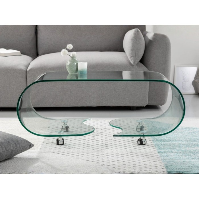 Glazen salontafel HOLOW met wieltjes - Asymmetrisch ontwerp salontafel van gehard glas