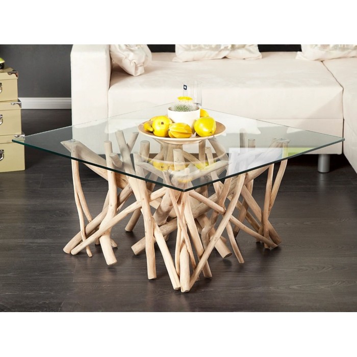 Table bassa WOODEN quadrata 80 cm – Tavolino da salotto design in legno di galleggiante e vetro temperato