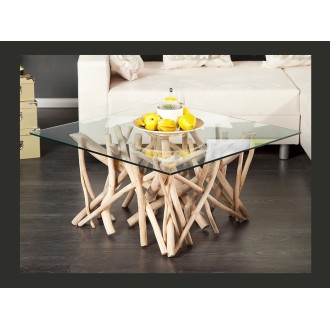 Table bassa WOODEN quadrata 80 cm – Tavolino da salotto design in legno di galleggiante e vetro temperato