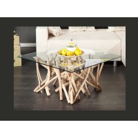 Table bassa WOODEN quadrata 80 cm – Tavolino da salotto design in legno di galleggiante e vetro temperato