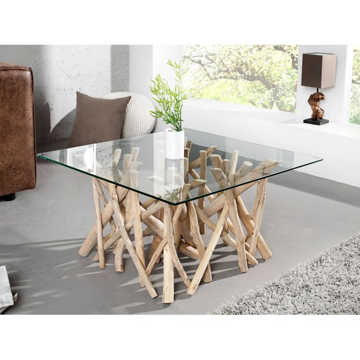 Table bassa WOODEN quadrata 80 cm – Tavolino da salotto design in legno di galleggiante e vetro temperato