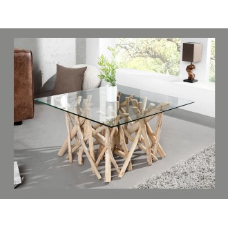 Table bassa WOODEN quadrata 80 cm – Tavolino da salotto design in legno di galleggiante e vetro temperato