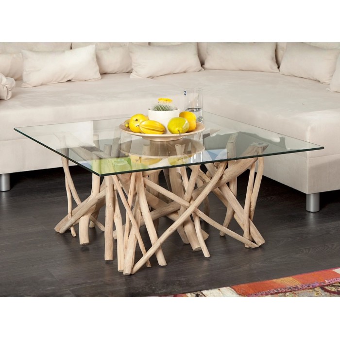Table bassa WOODEN quadrata 80 cm – Tavolino da salotto design in legno di galleggiante e vetro temperato