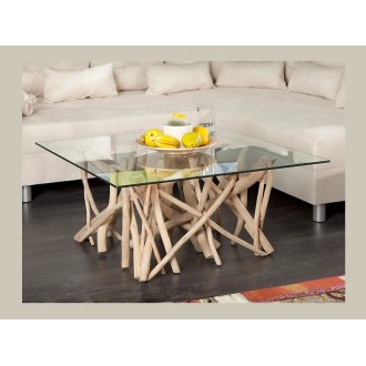 Table bassa WOODEN quadrata 80 cm – Tavolino da salotto design in legno di galleggiante e vetro temperato