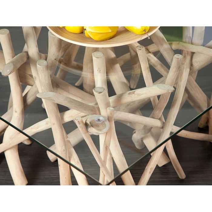 Table bassa WOODEN quadrata 80 cm – Tavolino da salotto design in legno di galleggiante e vetro temperato