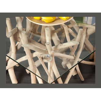 Table bassa WOODEN quadrata 80 cm – Tavolino da salotto design in legno di galleggiante e vetro temperato