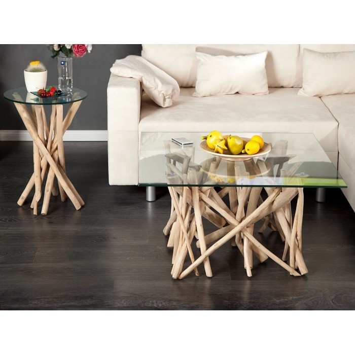Table bassa WOODEN quadrata 80 cm – Tavolino da salotto design in legno di galleggiante e vetro temperato
