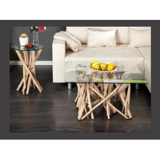 Table bassa WOODEN quadrata 80 cm – Tavolino da salotto design in legno di galleggiante e vetro temperato