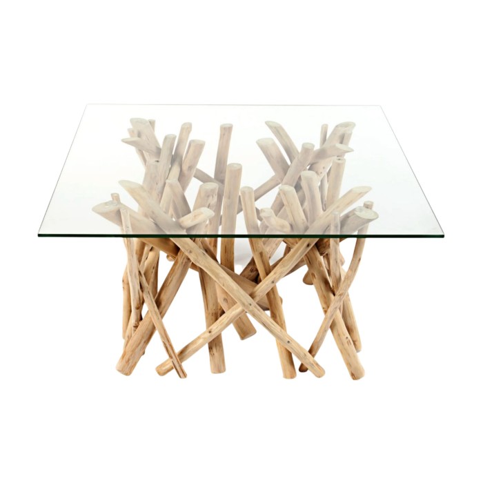 Table bassa WOODEN quadrata 80 cm – Tavolino da salotto design in legno di galleggiante e vetro temperato