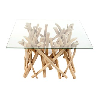 Table bassa WOODEN quadrata 80 cm – Tavolino da salotto design in legno di galleggiante e vetro temperato