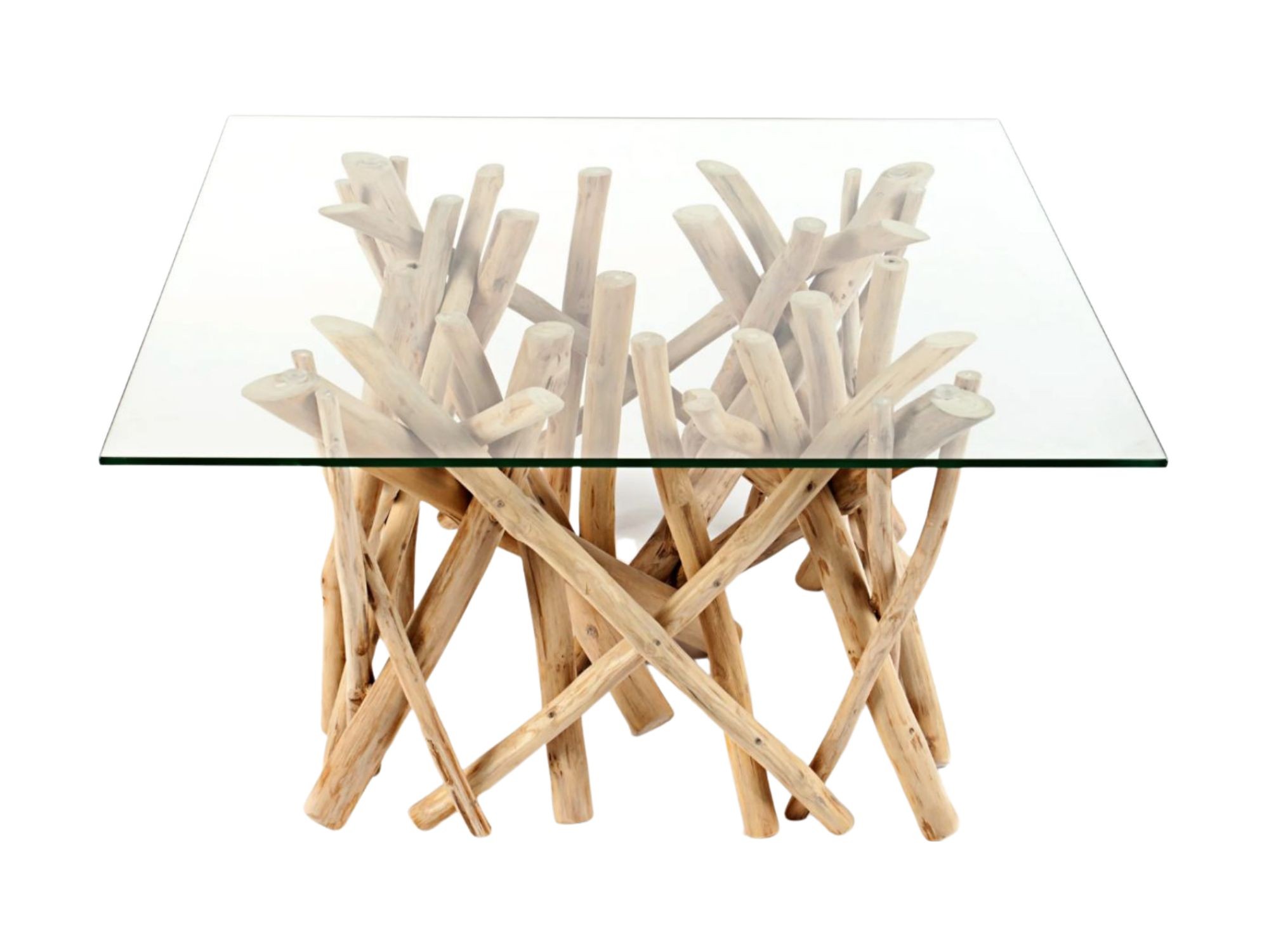 Table bassa WOODEN quadrata 80 cm – Tavolino da salotto design in legno di galleggiante e vetro temperato