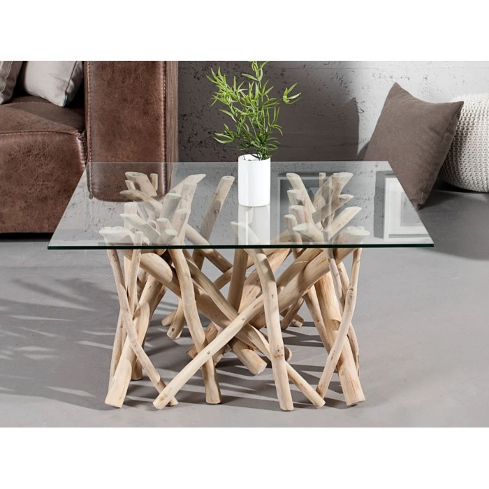 Table bassa WOODEN quadrata 80 cm – Tavolino da salotto design in legno di galleggiante e vetro temperato