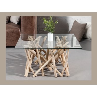 Table bassa WOODEN quadrata 80 cm – Tavolino da salotto design in legno di galleggiante e vetro temperato