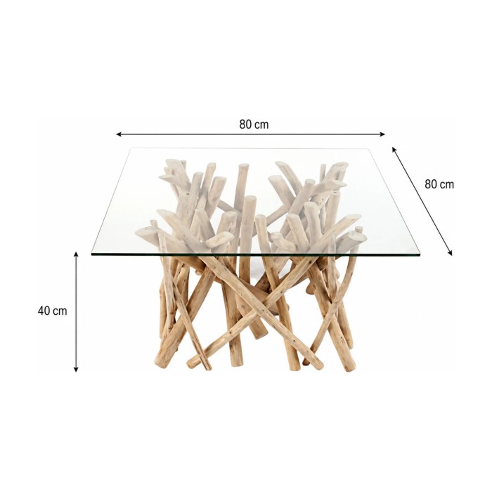 Table bassa WOODEN quadrata 80 cm – Tavolino da salotto design in legno di galleggiante e vetro temperato