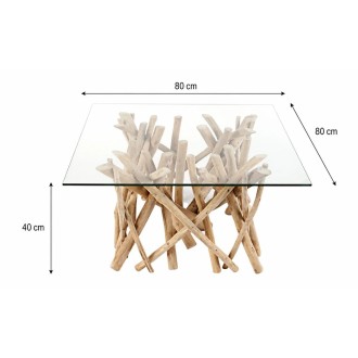 Table bassa WOODEN quadrata 80 cm – Tavolino da salotto design in legno di galleggiante e vetro temperato