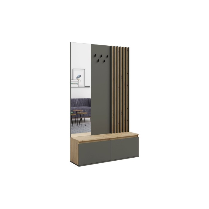 Flurmöbel mit Garderobenständer und Spiegel 120 cm - helles Eichenholz und anthrazitgrau - Kollektion NEMO