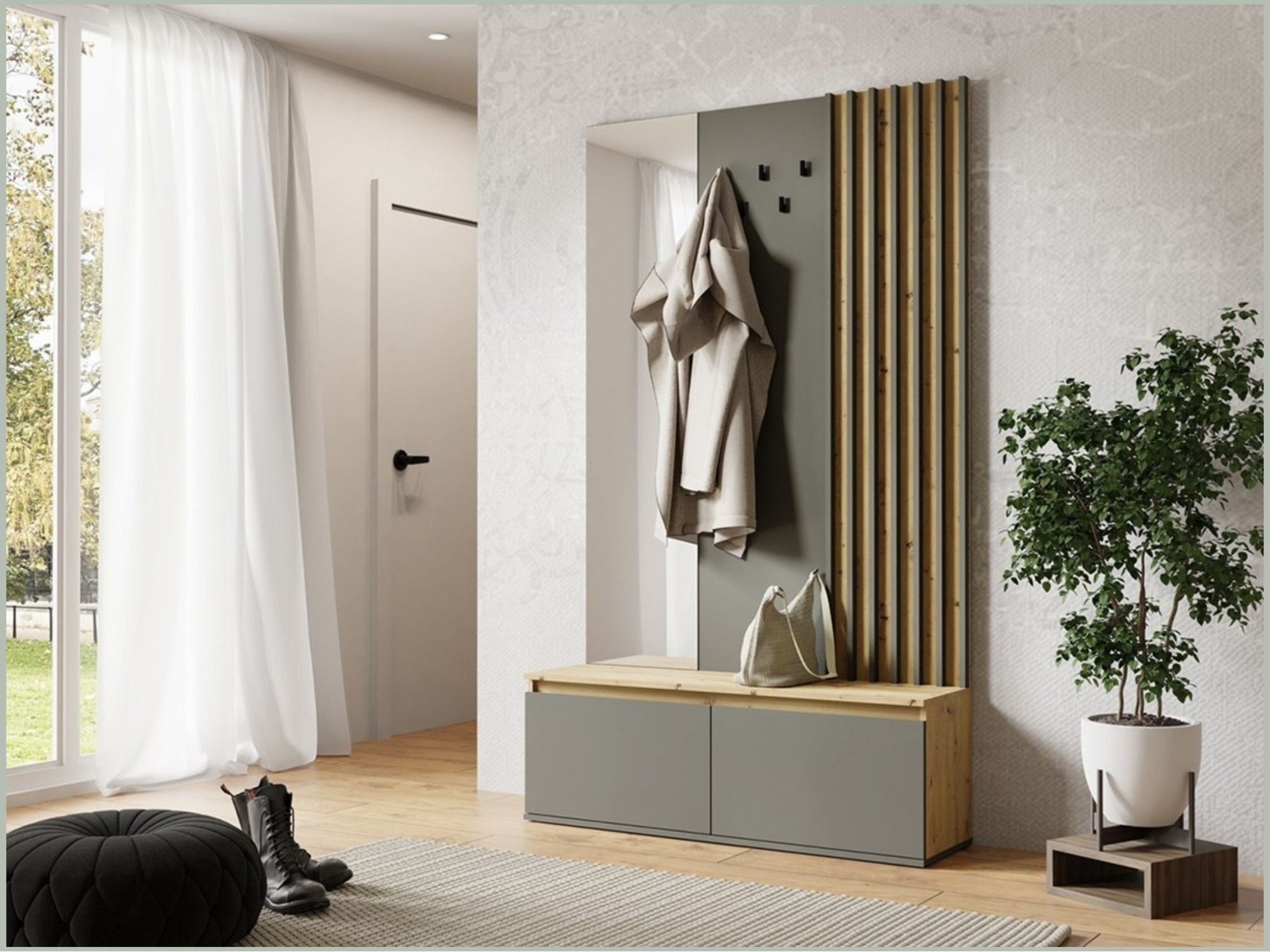 Meuble d'entrée NEMO avec miroir, porte-manteau et placards mis en situation