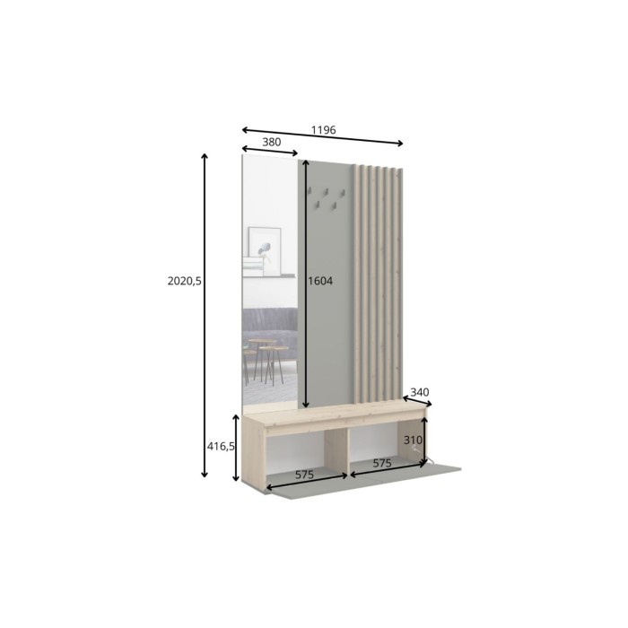 Mobile da ingresso con appendiabiti e specchio 120 cm - quercia chiara e grigio antracite - Collezione NEMO