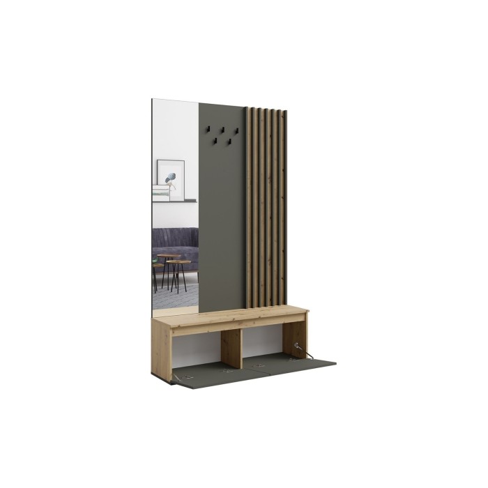 Flurmöbel mit Garderobenständer und Spiegel 120 cm - helles Eichenholz und anthrazitgrau - Kollektion NEMO