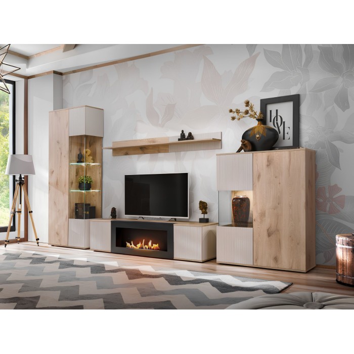 Vitrine ERINA – 2 Türen – Helles Eichenholz und Beige