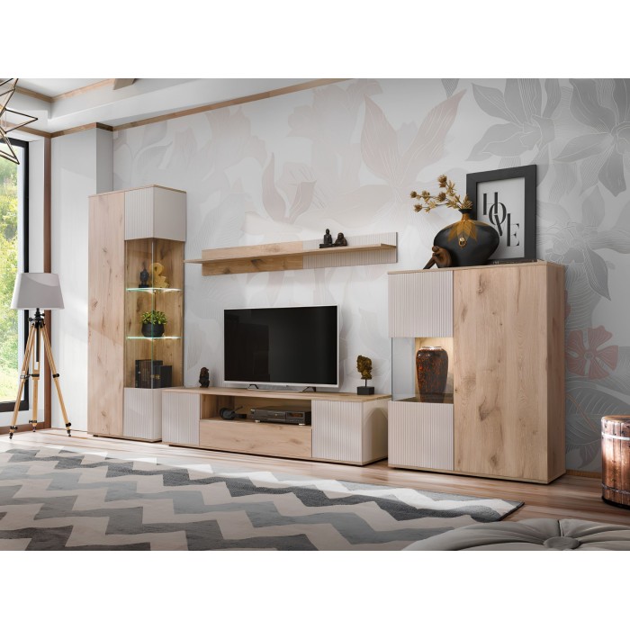 Vitrine ERINA – 2 Türen – Helles Eichenholz und Beige