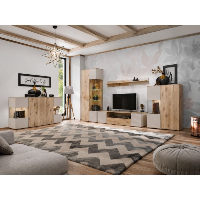 Vitrine ERINA – 2 Türen – Helles Eichenholz und Beige