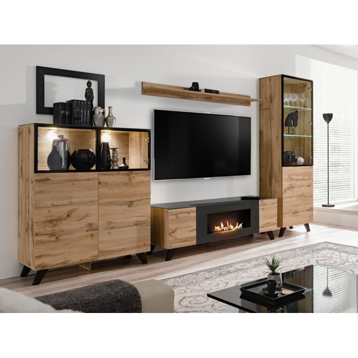 Meubel TV TINO met bio-ethanol haard – Wotan eiken en zwart – L150 cm