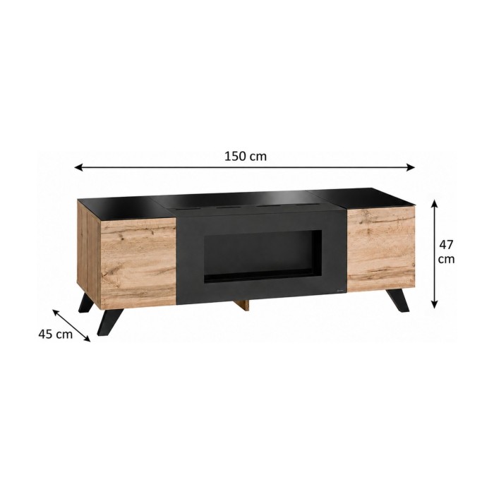 Meubel TV TINO met bio-ethanol haard – Wotan eiken en zwart – L150 cm